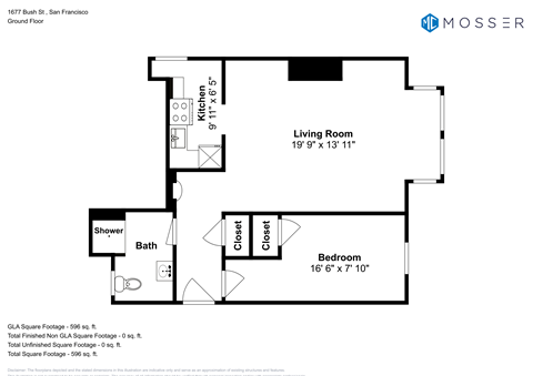 Floor plan for 1 bed, 1 bath, 650 sqft